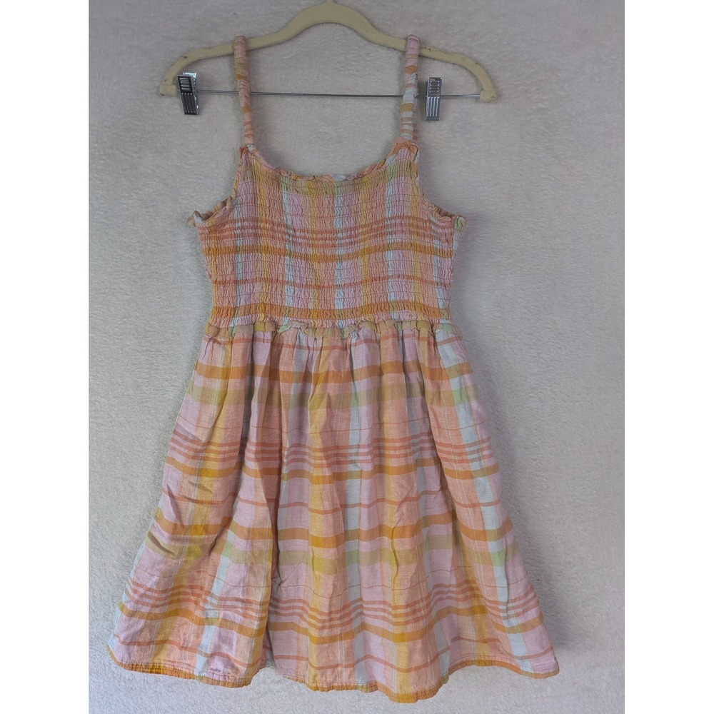 American Eagle Plaid Mini Dress Junior's M Pink Orange Smocked Linen Blend